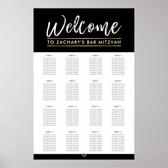 Poster BAR MITZVAH TABLE PLAN 16 tables moderne noir (Devant)