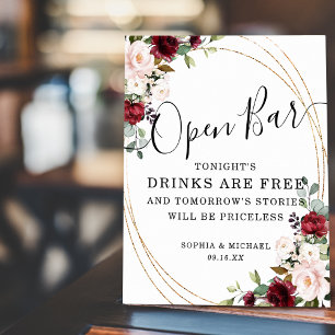 Poster Bar ouvert au cadre floral bordeaux rose floral or