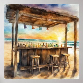 Poster Bar Tiki Tropical au coucher du soleil - Vibe aqua