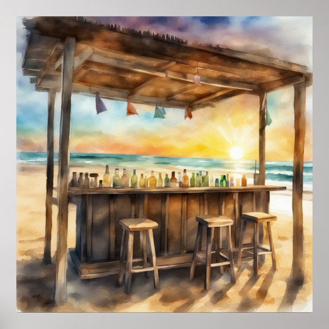 Poster Bar Tiki Tropical au coucher du soleil - Vibe aqua (Devant)