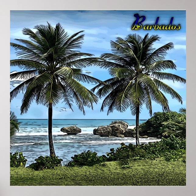 Poster Barbados Beach Palm Trees (Devant)