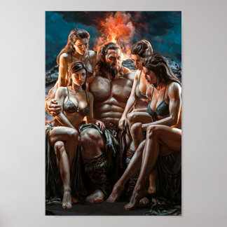 Poster Barbare Puissant Entouré de Femmes Sexy