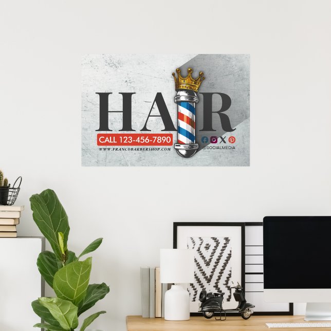 Poster Barber Hair Shop King Crown Barber Pole Hair Salon (Bureau à domicile)