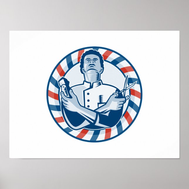 Poster Barbier avec poteau Hair Clipper et ciseaux Rétro (Devant)