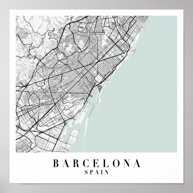 Poster Barcelone Espagne Blue Water Street Carte (Devant)