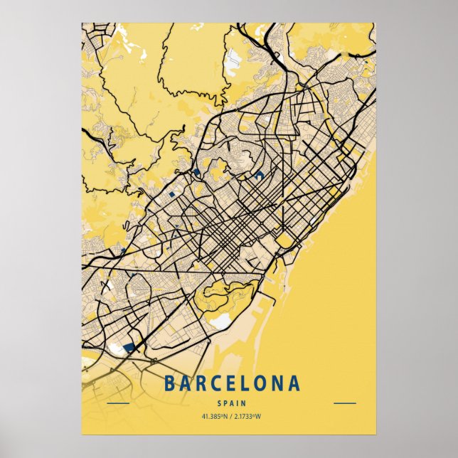 Poster Barcelone - Espagne Carte de la ville jaune (Devant)