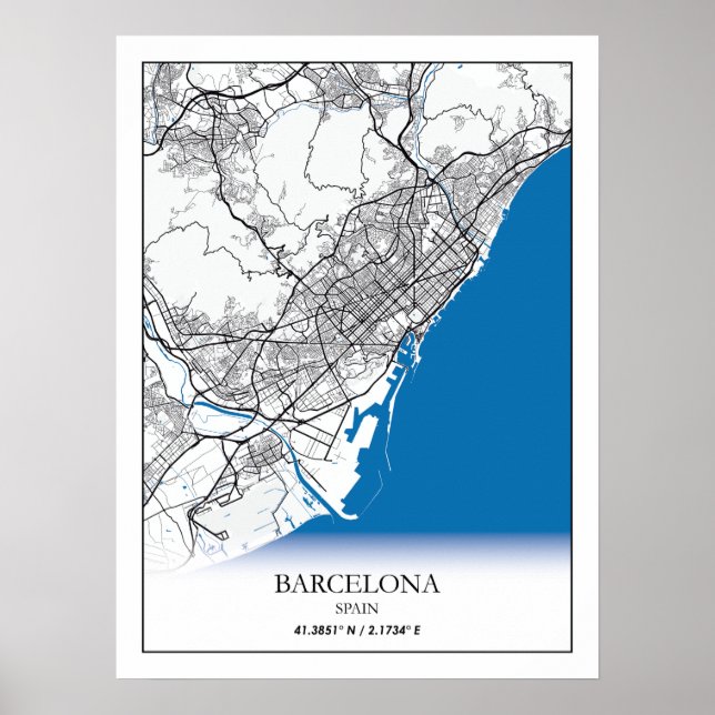 Poster Barcelone Espagne City Map Voyage Simple Minimal (Devant)
