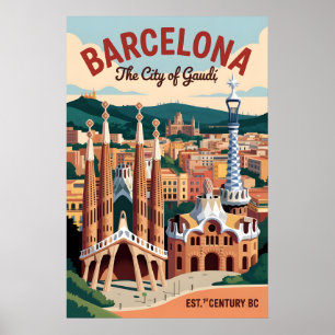 Poster Barcelone Espagne Rétro Silhouette Paysage Urbain