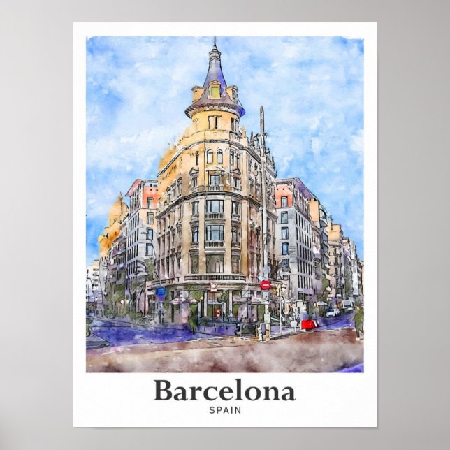 Poster Barcelone Espagne Voyage Aquarelle main tiré (Devant)