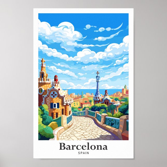 Poster Barcelone Espagne Voyage Vintage Illustration (Devant)