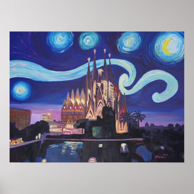 Poster Barcelone Sagrada Familia Nuit étoilée (Devant)