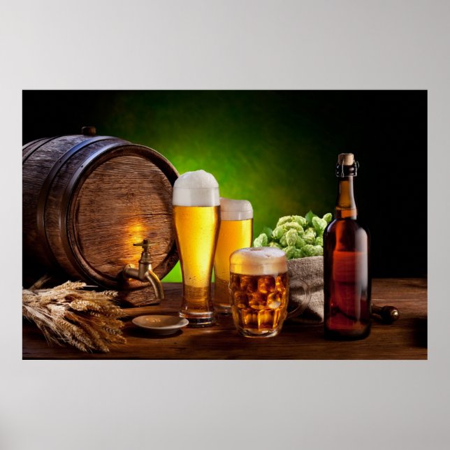 Poster Baril de bière avec verres de bière sur une table  (Devant)
