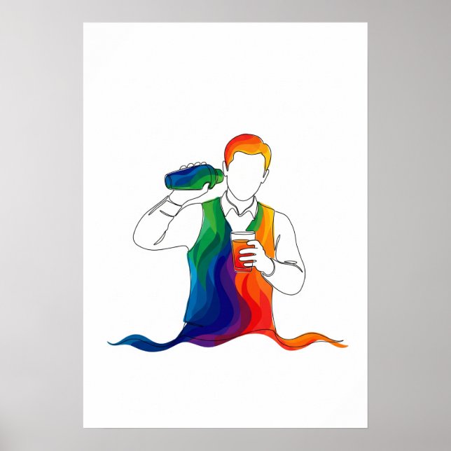 Poster barman abstrait une ligne art continu (Devant)