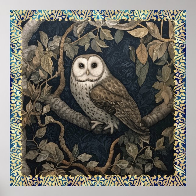 Poster Barn Owl in the Night Forest William Morris Style (Devant)