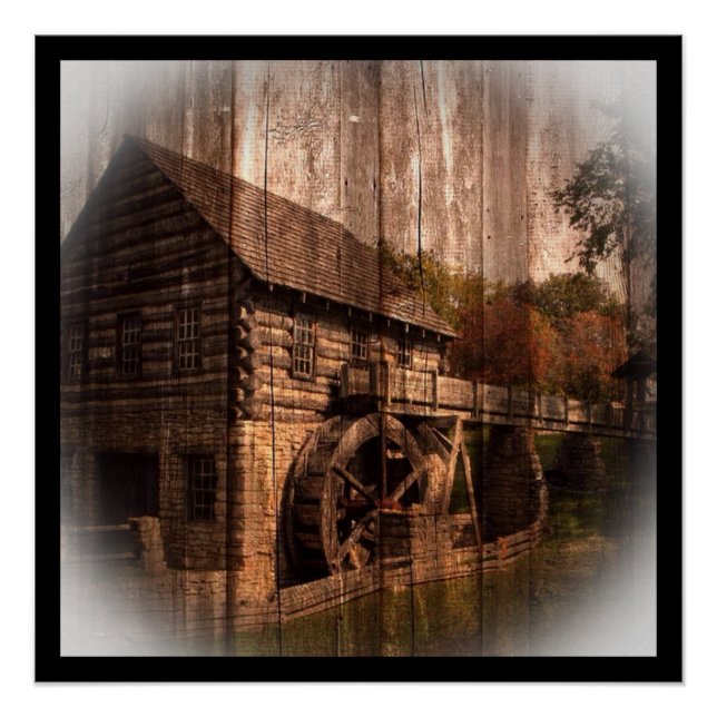 Poster Barn Wood farmhouse mill water wheel (Devant)