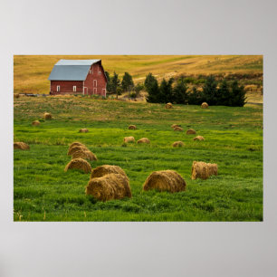 Poster Barne rouge, balles de foin, Albion, Palouse Area 