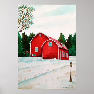 Poster Barnes rouges en neige - Aquarelle Art du paysage