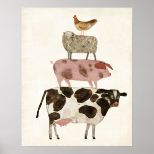 Poster Barnyard Buds - Vache, cochon, mouton et hen