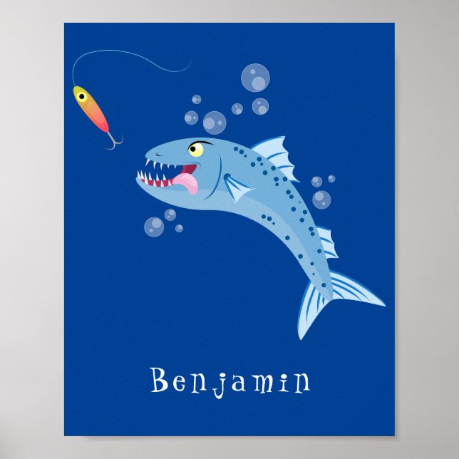 Poster Barracuda poisson affamé de la pêche dessin animé (Devant)