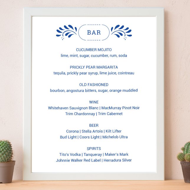 Poster Barre de Mariage Bleue Style Puebla Panneau Menu (Puebla Style Blue Wedding Bar Menu Sign by Fiesta Valley Print)