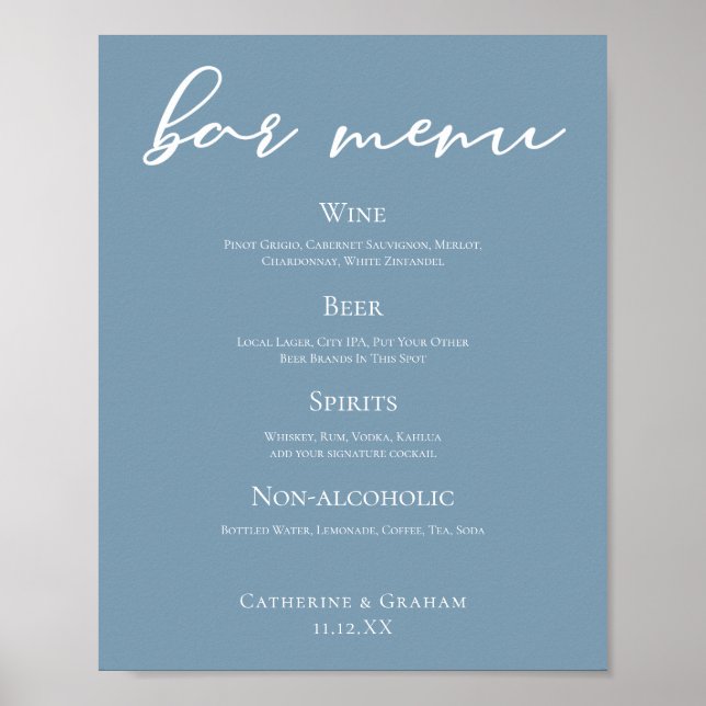 Poster Barre de Mariage Dusty Blue Typography (Devant)