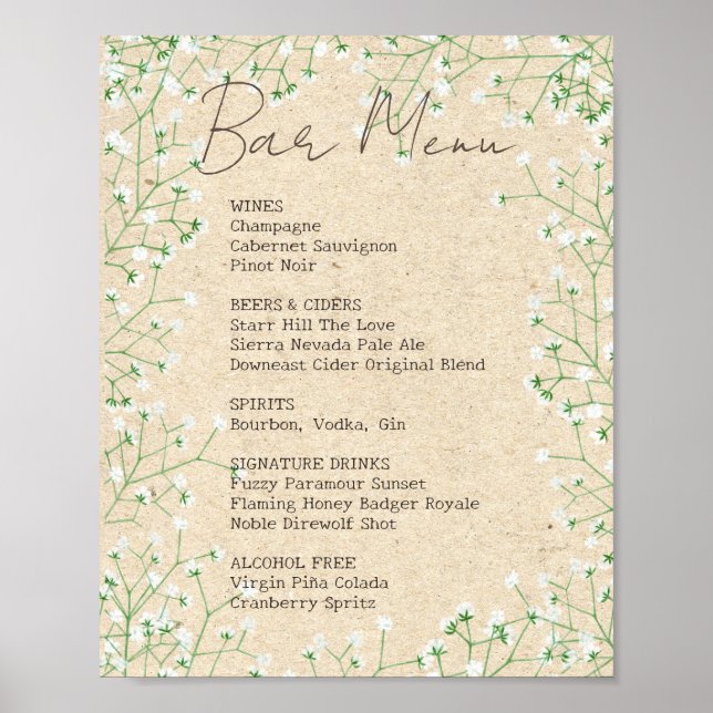 Poster Barre de Mariage Floral Rustic Baby's Breath Menu  (Devant)