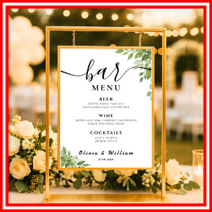 Poster Barre Feuilles Vert Sage Menu Mariage Signature Bo