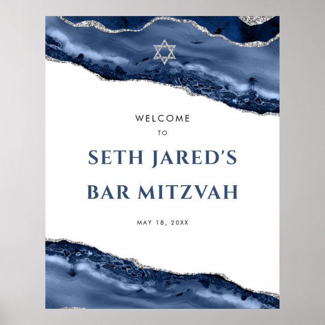 Poster Barre frontière bleu et argent Bar Mitzvah Bienven (Devant)