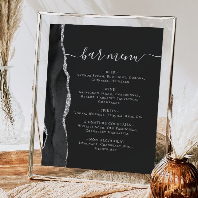 Poster Barre mariage Menu Black Silver Agate Dark (Créateur téléchargé)