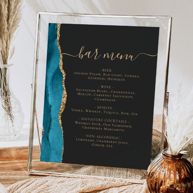 Poster Barre mariage Menu Turquoise Bleu Or Agate Bleu fo (Créateur téléchargé)