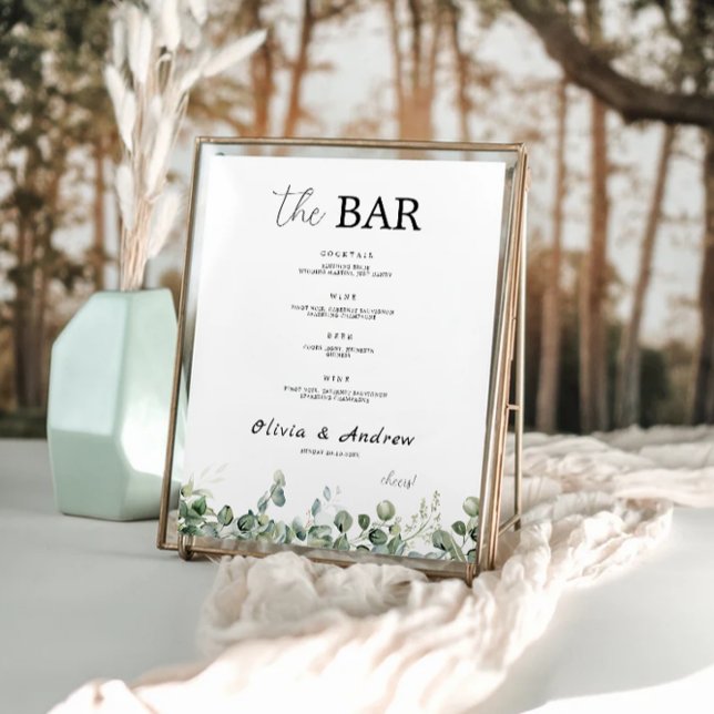 Poster Barre Mariage verte Menu Signer Modèle (Greenery Wedding Bar Menu Sign Template)