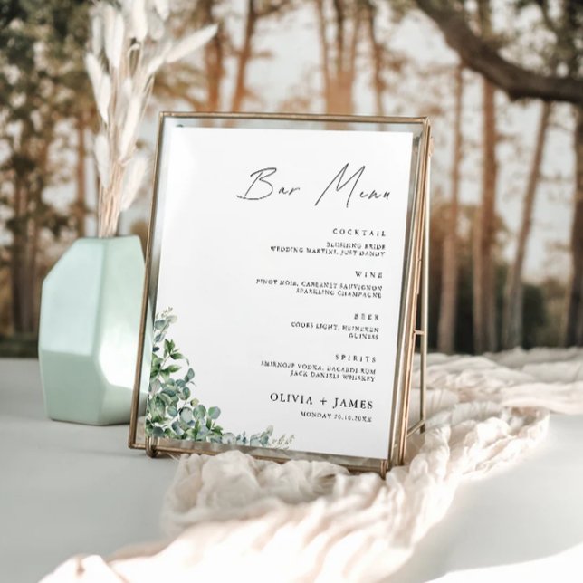 Poster Barre Mariage verte Menu Signer Modèle (Greenery Wedding Bar Menu Sign Template)