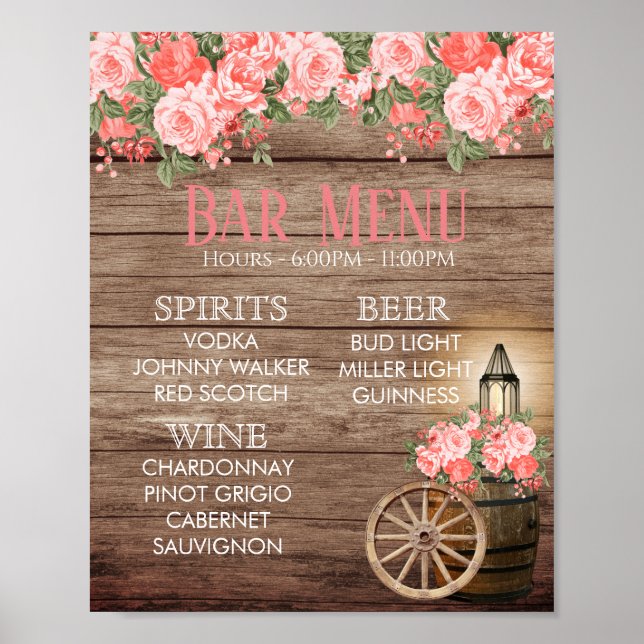 Poster Barre Menu - Baril en bois Patiné - Corail (Devant)
