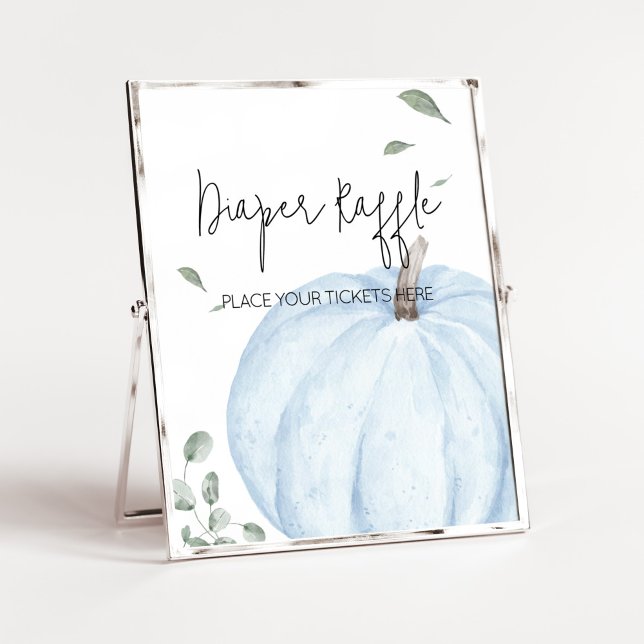 Poster Barreau de Baby shower minimaliste bleu Citrouille (Watercolor Pumpkin Baby Shower Diaper Raffle Sign)