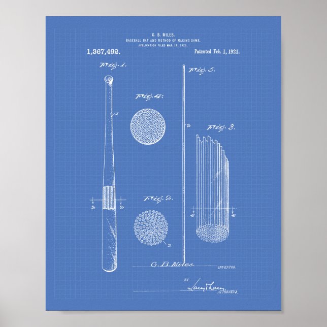Poster Baseball Bat 1921 Art Brevet - Plan directeur (Devant)