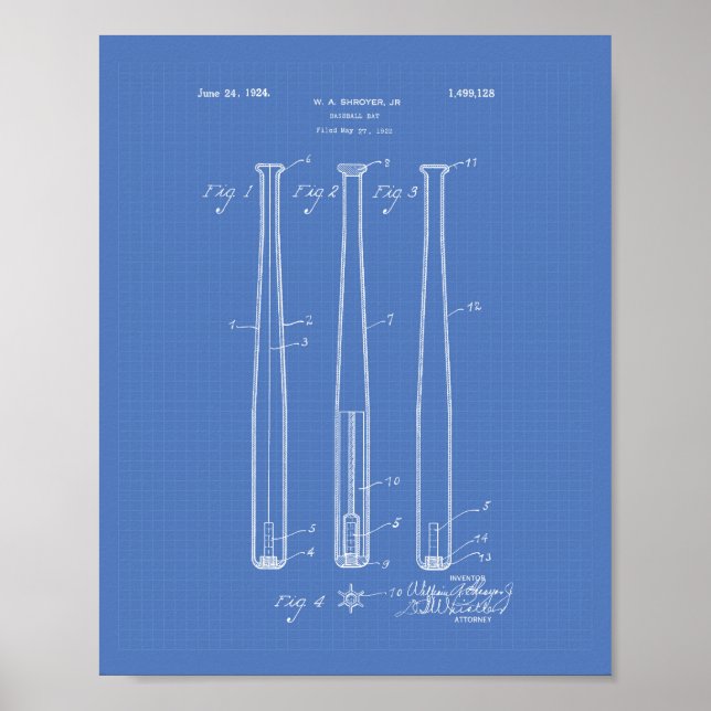 Poster Baseball Bat 1924 Art Brevet - Plan directeur (Devant)