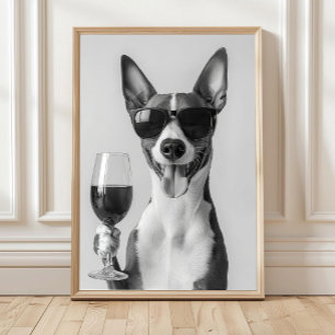 Poster Basenji Buvant du Vin Art Mural, Noir et Blanc