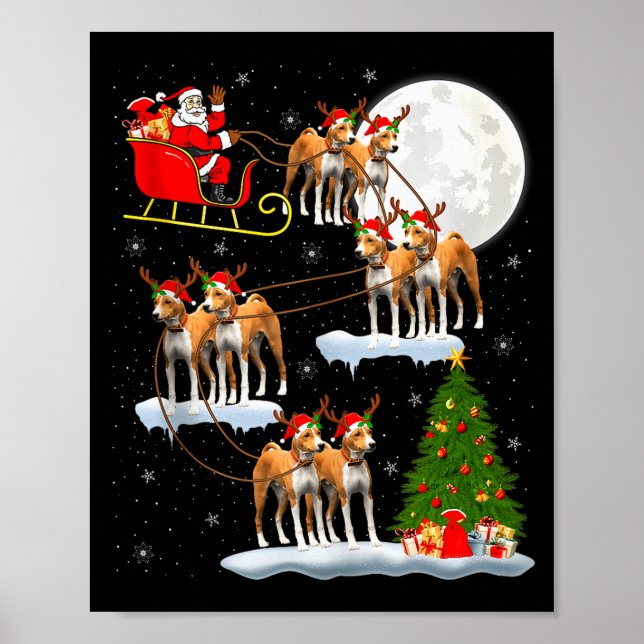 Poster Basenji Dog Santa Sleigh Flying Funny Magical Chri (Devant)