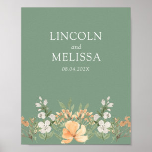 Poster Basil, Pêche et blanc Mariage Floral Couple