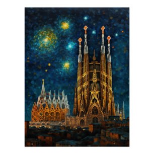 Poster Basilique de Barcelone Sagrada Família Nuit étoilé