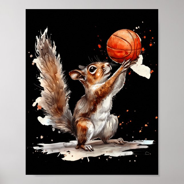 Poster Basket-ball Aquarelle écureuil Basket-ball (Devant)
