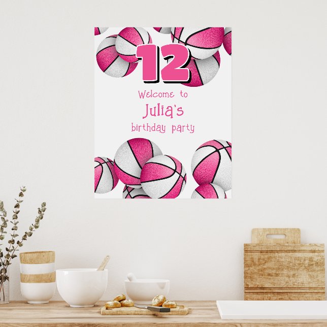Poster basket blanc rose filles fête d'anniversaire (Cuisine)