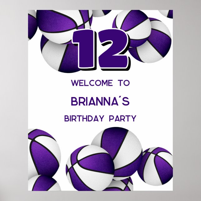 Poster basket blanc violet bienvenue fête d'anniversaire (Devant)