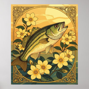 Poster Basse Basse Écarté Poisson Rocheuse Et Fleurs Jaun