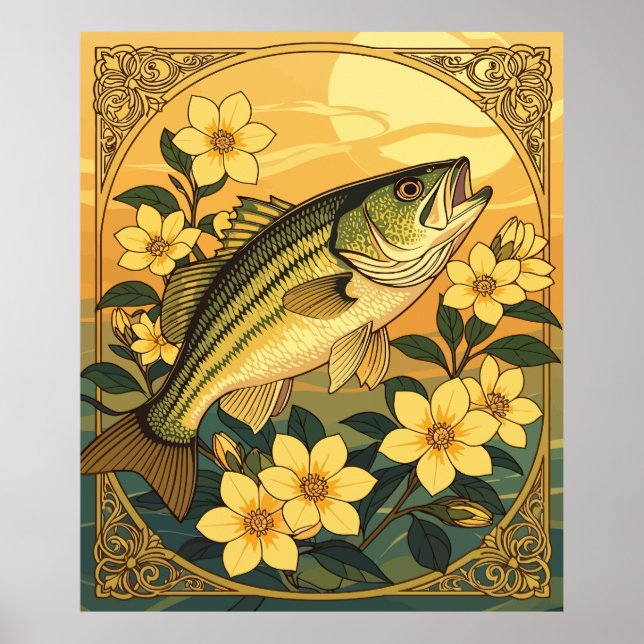 Poster Basse Basse Écarté Poisson Rocheuse Et Fleurs Jaun (Devant)