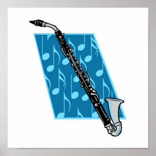 Poster Basse Clarinet avec Arrière - plan bleu et notes m