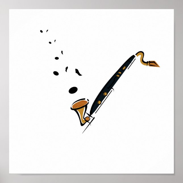 Poster Basse Clarinet avec notes musicales (Devant)