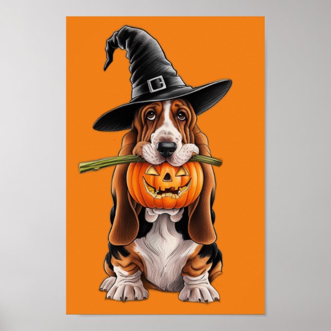 Poster basset hound avec citrouille dans la bouche (Devant)