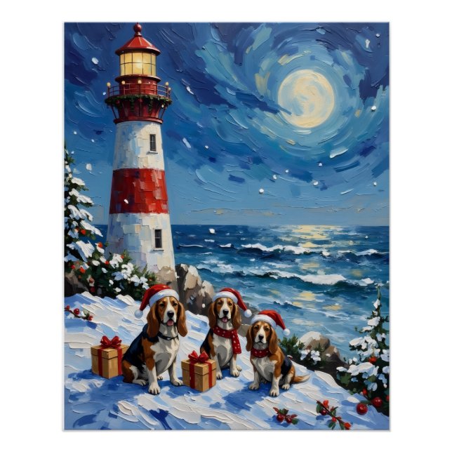 Poster Basset Hound Christmas Lighthouse Holiday