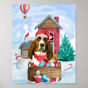 Poster Basset Hound Dog In snow Christmas Dog House